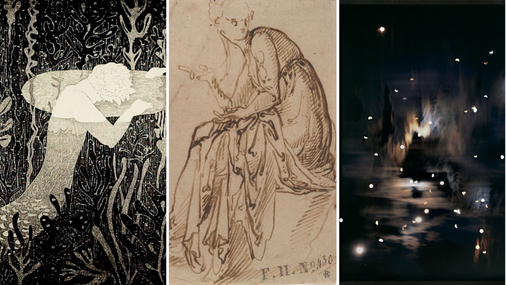Three side-by-side images show, at left, a black and white print of a white figure among seaweed; in the middle, a drawing on brown paper of a seated woman in robes; and at right, an abstract photograph of the night sky showing points of light and gray and brown streaks.