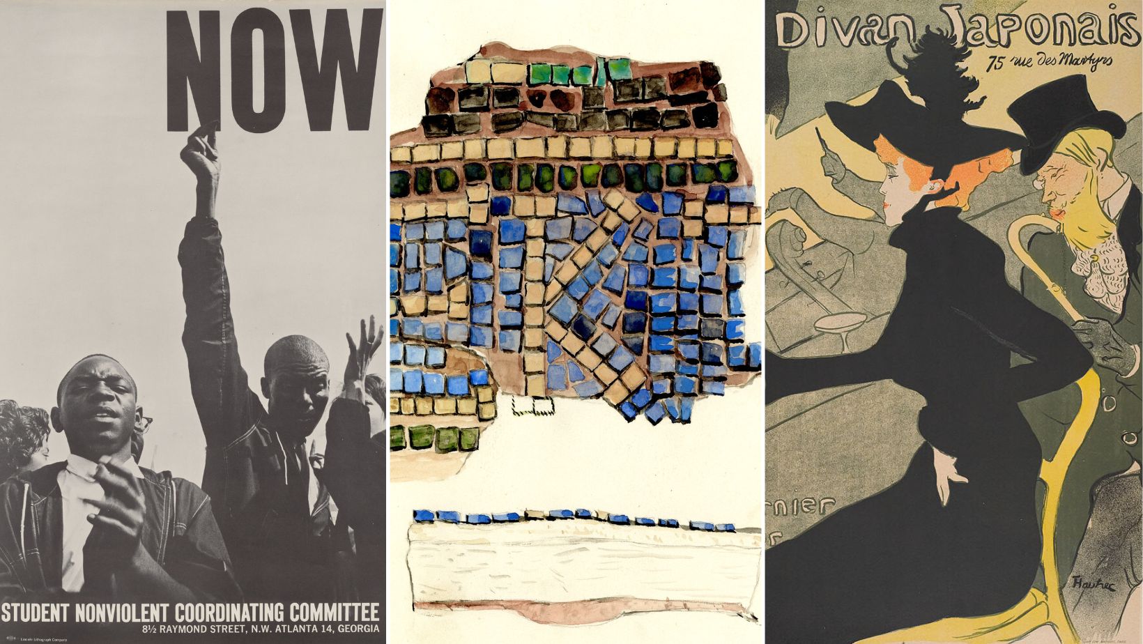 Three side-by-side images show a black and white photograph of two Black men, one with a raised arm, and the word “NOW” at the top; a watercolor drawing on cream paper of a blue, brown, and green mosaic fragment; and a lithograph of a woman with orange hair wearing a black dress and hat sitting in a chair at a bar with the words “Divon Japonais” at the top.