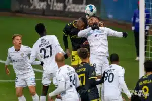 Union defender Marco Milanese fights for a header during a play off game between the Charlotte and Omahai Omaha, NE on Saturday October 28th, 2023. . Photo by Eric Francis