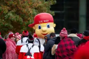 Nebraska Cornhusker mascot Lil Red greeting fans for the Unity Walk before the game against the Purdue Boilermakers on Saturday, October 28, 2023, in Lincoln, Nebraska. Photo by John S. Peterson.