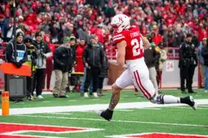 Nebraska Cornhuskers Thomas Fidone II (24) makes a touch down after catching the ball against the Purdue Boilermakers in the first half during a college football game on Saturday, October 28, 2023, in Lincoln, Nebraska. Photo by John S. Peterson.