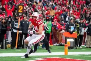 Nebraska Cornhuskers Thomas Fidone II (24) makes a touch down against the Purdue Boilermakers in the first half during a college football game on Saturday, October 28, 2023, in Lincoln, Nebraska. Photo by John S. Peterson.