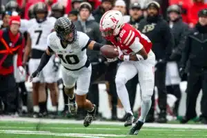 Purdue Boilermakers Cam Allen (10) breaks up a pass to Nebraska Cornhuskers Jaidyn Doss (85) in the first quarter during a college football game on Saturday, October 28, 2023, in Lincoln, Nebraska. Photo by John S. Peterson.
