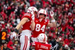 Nebraska Cornhuskers Thomas Fidone II (24) celebrates his touch down with Nebraska Cornhuskers Alex Bullock (84) in the first during a college football game on Saturday, October 28, 2023, in Lincoln, Nebraska. Photo by John S. Peterson.
