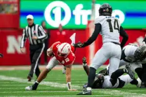 DUPLICATE***Nebraska Cornhuskers Jimari Butler (10)***Nebraska Cornhuskers Heinrich Haarberg (10) runs with ball against Purdue Boilermakers Yanni Karlaftis (14) a college football game on Saturday, October 28, 2023, in Lincoln, Nebraska. Photo by John S. Peterson.