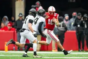 Nebraska Cornhuskers Heinrich Haarberg (10) run with the ball against Purdue Boilermakers Jake Wilson (14) in the first quarter during a college football game on Saturday, October 28, 2023, in Lincoln, Nebraska. Photo by John S. Peterson.