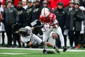 Purdue Boilermakers Cam Allen (10) breaks up a pass to Nebraska Cornhuskers Jaidyn Doss (85) in the first quarter during a college football game on Saturday, October 28, 2023, in Lincoln, Nebraska. Photo by John S. Peterson.