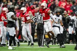 Nebraska Cornhuskers Quinton Newsome (6) celebrates a turnover in the first quarter against the Purdue Boilermakers during a college football game on Saturday, October 28, 2023, in Lincoln, Nebraska. Photo by John S. Peterson.