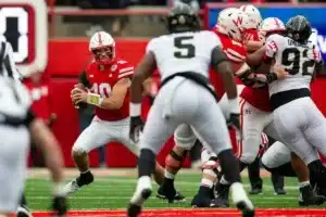 Nebraska Cornhuskers Heinrich Haarberg (10) runs with the ball in the first quarter against the Purdue Boilermakers during a college football game on Saturday, October 28, 2023, in Lincoln, Nebraska. Photo by John S. Peterson.