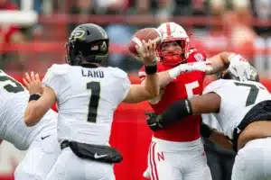 Nebraska Cornhuskers John Bullock (5) put pressure on Purdue Boilermakers Hudson Card (1) in the first quarter during a college football game on Saturday, October 28, 2023, in Lincoln, Nebraska. Photo by John S. Peterson.
