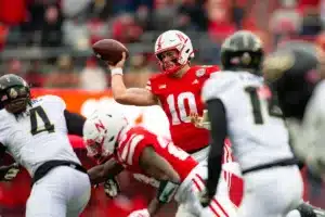 Nebraska Cornhuskers Heinrich Haarberg (10) makes a pass against the Purdue Boilermakers in the first half during a college football game on Saturday, October 28, 2023, in Lincoln, Nebraska. Photo by John S. Peterson.