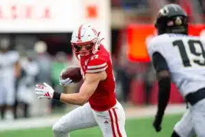 Nebraska Cornhuskers Ty Hahn (17) runs with the ball after a catch against Purdue Boilermakers Botros Alisandro (19) in the first half during a college football game on Saturday, October 28, 2023, in Lincoln, Nebraska. Photo by John S. Peterson.