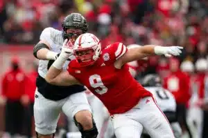 Nebraska Cornhuskers Ty Robinson (9) gets passed his defender Purdue Boilermakers Ben Farrell (64) in the first quarter during a college football game on Saturday, October 28, 2023, in Lincoln, Nebraska. Photo by John S. Peterson.