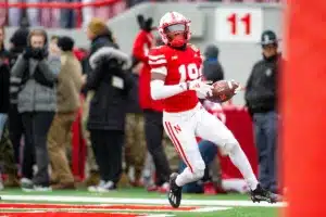 Nebraska Cornhuskers Jaylen Lloyd (19) makes a catch for a 79 yard touch down in the second quarter against the Purdue Boilermakers during a college football game on Saturday, October 28, 2023, in Lincoln, Nebraska. Photo by John S. Peterson.ee