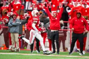 Nebraska Cornhuskers Jaylen Lloyd (19) makes a catch for a 79 yard touch down in the second quarter against the Purdue Boilermakers during a college football game on Saturday, October 28, 2023, in Lincoln, Nebraska. Photo by John S. Peterson.