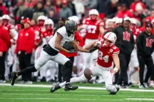 Nebraska Cornhuskers Alex Bullock (84) is pushed by Purdue Boilermakers Markevious Brown (1) interfering with the pass  during a college football game on Saturday, October 28, 2023, in Lincoln, Nebraska. Photo by John S. Peterson.