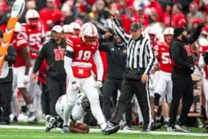 Nebraska Cornhuskers Princewill Umanmielen (18) celebrates tackling Purdue Boilermakers Tyrone Tracy Jr. (3) in the third quarter during a college football game on Saturday, October 28, 2023, in Lincoln, Nebraska. Photo by John S. Peterson.