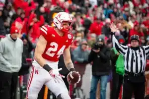 Nebraska Cornhuskers Thomas Fidone II (24) scores a touchdown in the first quarter against the Purdue Boilermakers during a college football game on Saturday, October 28, 2023, in Lincoln, Nebraska. Photo by John S. Peterson.