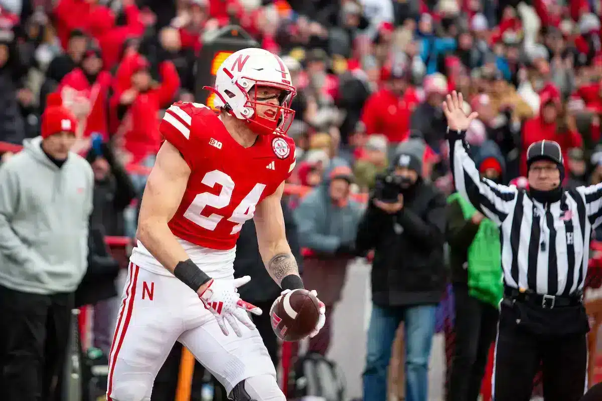 Nebraska Cornhuskers Thomas Fidone II (24) scores a touchdown in the first quarter against the Purdue Boilermakers during a college football game on Saturday, October 28, 2023, in Lincoln, Nebraska. Photo by John S. Peterson.