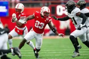 Nebraska Cornhuskers Anthony Grant (23) gets ready to block Purdue Boilermakers Sanoussi Kane (21) in the first quarter during a college football game on Saturday, October 28, 2023, in Lincoln, Nebraska. Photo by John S. Peterson.