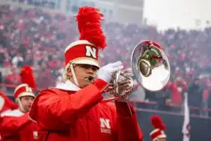 Nebraska Cornhusker Marching Band mellowphone player performing at pre-game for the Tunnel Walk during a college football game against the Purdue Boilermakers on Saturday, October 28, 2023, in Lincoln, Nebraska. Photo by John S. Peterson.