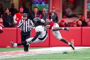 Nebraska Cornhuskers Dwight Bootle II (21) breaks a pass to Purdue Boilermakers Kydran Jenkins (4) during a college football game on Saturday, October 28, 2023, in Lincoln, Nebraska. Photo by John S. Peterson.