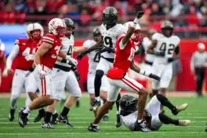 Nebraska Cornhuskers Tamon Lynum (15) tackles Purdue Boilermakers TJ Sheffield (8) on a punt in the third quarter during a college football game on Saturday, October 28, 2023, in Lincoln, Nebraska. Photo by John S. Peterson.