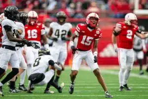 Nebraska Cornhuskers Tamon Lynum (15) celebrates a tackle against Purdue Boilermakers TJ Sheffield (8) in the third quarter during a college football game on Saturday, October 28, 2023, in Lincoln, Nebraska. Photo by John S. Peterson.