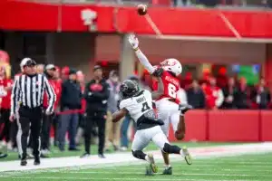 Nebraska Cornhuskers Quinton Newsome (6) breaks up a pass against Purdue Boilermakers Deion Burks (4) in the third quarter during a college football game on Saturday, October 28, 2023, in Lincoln, Nebraska. Photo by John S. Peterson.