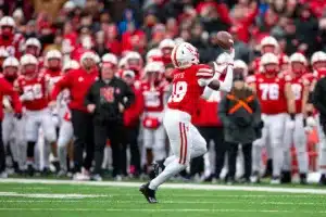 Nebraska Cornhuskers Jaylen Lloyd (19) makes a catch for a 79 yard touch down in the second quarter against the Purdue Boilermakers during a college football game on Saturday, October 28, 2023, in Lincoln, Nebraska. Photo by John S. Peterson.ee