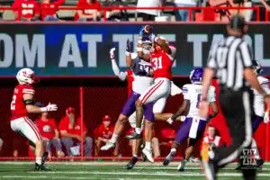 Nebraska Cornhuskers Tommi Hill (31) makes an interception against the Northwestern Wildcats at the end of the second quarter during a college football game on Saturday, October 21, 2023, in Lincoln, Nebraska. Photo by John S. Peterson.