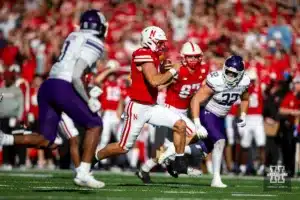 Nebraska Cornhuskers Heinrich Haarberg (10) runs for a touchdown in the second quarter against the Northwestern Wildcats during a college football game on Saturday, October 21, 2023, in Lincoln, Nebraska. Photo by John S. Peterson.
