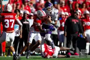 Nebraska Cornhuskers Tommi Hill (31) tackles Northwestern Wildcats Brendan Sullivan (6) in the second quarter during a college football game on Saturday, October 21, 2023, in Lincoln, Nebraska. Photo by John S. Peterson.