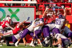 Nebraska Cornhuskers defense tries to block a field goal during a game between the Northwestern Wildcats and the Nebraska Cornhuskers in Lincoln, NE on Thursday October 21st, 2023. Photo by Eric Francis