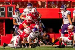 Nebraska Cornhuskers defense wraps up the ball carrier during a game between the Northwestern Wildcats and the Nebraska Cornhuskers in Lincoln, NE on Thursday October 21st, 2023. Photo by Eric Francis