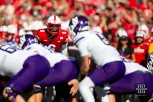 Nebraska Cornhuskers Quinton Newsome (6) focused on Northwestern Wildcats Brendan Sullivan (6) in the second quarter during a college football game on Saturday, October 21, 2023, in Lincoln, Nebraska. Photo by John S. Peterson.