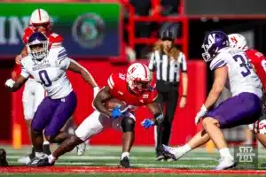 Nebraska Cornhuskers Anthony Grant (23) takes on Northwestern Wildcats Xander Mueller (34) in the second quarter during a college football game on Saturday, October 21, 2023, in Lincoln, Nebraska. Photo by John S. Peterson.