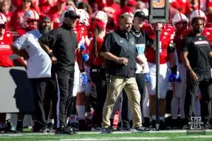Nebraska Cornhuskers head coach Matt Rhule walks away from the referee satisfied with the decision against the Northwestern Wildcats in the first quarter during a college football game on Saturday, October 21, 2023, in Lincoln, Nebraska. Photo by John S. Peterson.