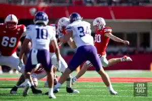 Nebraska Cornhuskers Tristan Alvano (30) makes a field goal against the Northwestern Wildcats in the first quarter during a college football game on Saturday, October 21, 2023, in Lincoln, Nebraska. Photo by John S. Peterson.