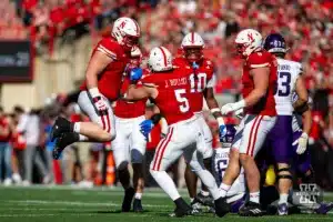 Nebraska Cornhuskers Nash Hutmacher (0) celebrates making a sack against the Northwestern Wildcats in the first quarter during a college football game on Saturday, October 21, 2023, in Lincoln, Nebraska. Photo by John S. Peterson.