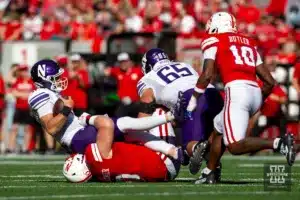 Nebraska Cornhuskers Nash Hutmacher (0) sacks Northwestern Wildcats Brendan Sullivan (6) in the first quarter during a college football game on Saturday, October 21, 2023, in Lincoln, Nebraska. Photo by John S. Peterson.