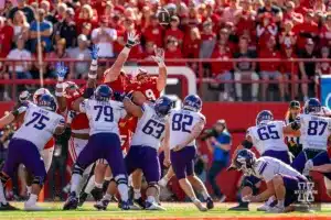 Nebraska Cornhuskers defense tries to block a field goal during a game between the Northwestern Wildcats and the Nebraska Cornhuskers in Lincoln, NE on Thursday October 21st, 2023. Photo by Eric Francis