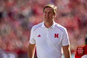 Nebraska Athletic Director Trev Alberts walking along the sideline before the game agianst Northwestern during a college football game on Saturday, October 21, 2023, in Lincoln, Nebraska. Photo by John S. Peterson.