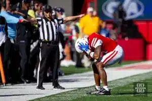 Nebraska Cornhuskers Tommi Hill (31) reacts to missing making an interception against the Northwestern Wildcats in the first quarter during a college football game on Saturday, October 21, 2023, in Lincoln, Nebraska. Photo by John S. Peterson.