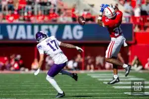 Nebraska Cornhuskers Tommi Hill (31) misses making an interception in the first quarter against Northwestern Wildcats Bryce Kirtz (17) during a college football game on Saturday, October 21, 2023, in Lincoln, Nebraska. Photo by John S. Peterson.