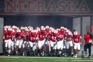 Nebraska Cornhuskers run out on the field in Tunnel Walk during a college football game against the Northwestern Wildcats on Saturday, October 21, 2023, in Lincoln, Nebraska. Photo by John S. Peterson.