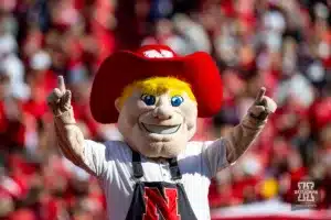 Nebraska Cornhusker mascot Herbie Husker fires up the fans before during a college football game against the Northwestern Wildcats on Saturday, October 21, 2023, in Lincoln, Nebraska. Photo by John S. Peterson.