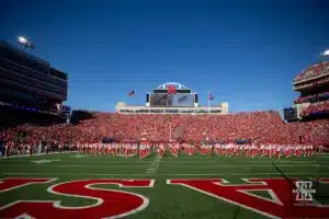 Nebraska Cornhuskers on the field performing the pre-game show during a college football game against the Northwestern Wildcats on Saturday, October 21, 2023, in Lincoln, Nebraska. Photo by John S. Peterson.