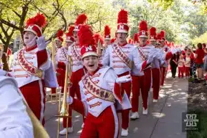 Nebraska Cornhusker marching band make their way to Memorial Stadium before Nebraska takes on Northwestern during a college football game on Saturday, October 21, 2023, in Lincoln, Nebraska. Photo by John S. Peterson.