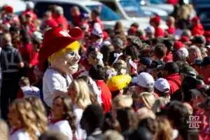 Nebraska Cornhuskers mascot Herbie Husker greets the fan before the Unity Walk befroe taking the Northwestern Wildcats during a college football game on Saturday, October 21, 2023, in Lincoln, Nebraska. Photo by John S. Peterson.